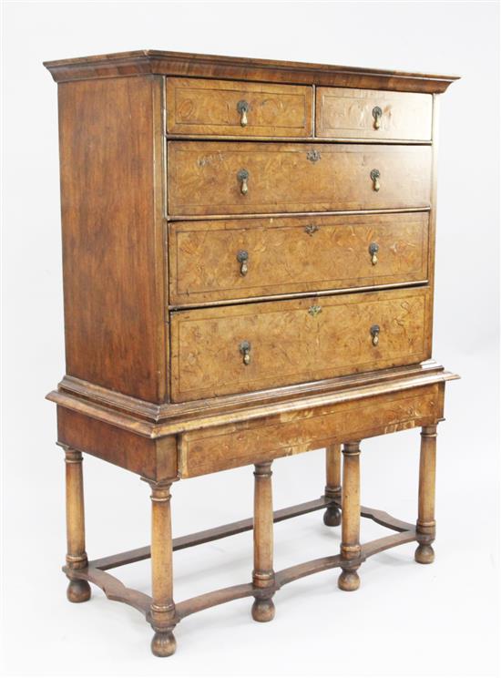 A William & Mary style walnut and marquetry inlaid chest on stand, W.3ft 5in.